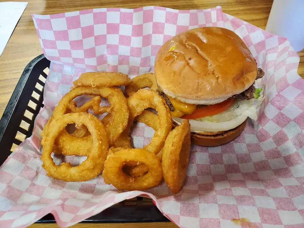 Cheeseburger with Cheddar Cheese and Onion Rings